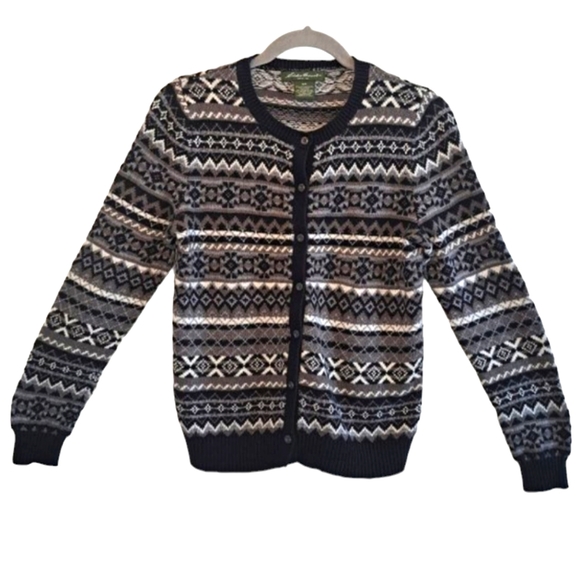 Eddie Bauer Sweaters - Eddie Bauer Nordic Print Black and White Button Down Crew Neck Cardigan Small